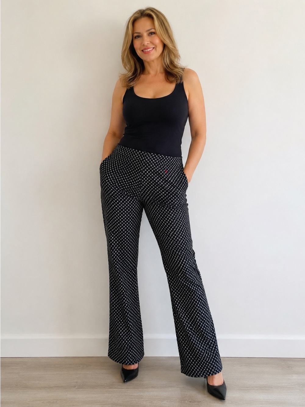 Robert Louis Black Polka-Print Wide-Leg Pants